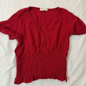 Paper Crane Red Short-Sleeve V-Neck Smocked-Waist Blouse - M